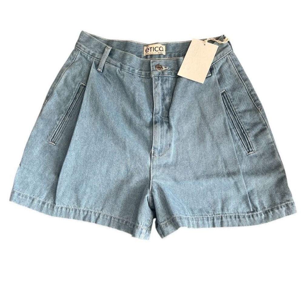 NWT Etica Anthropologie Ethereal Blue Max Pleated Denim Shorts Size 25 Reg. $128 - Picture 3 of 12